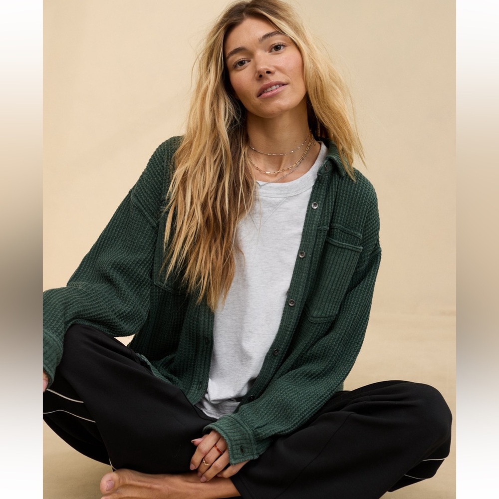 Aerie Anytime Fabe Waffle Shirt - Mystical Green